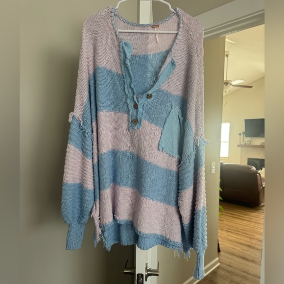 Free People Distressed Blue and Pink V-Neck Sweater - Picture 1 of 3